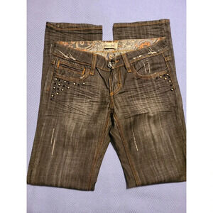 Vigoss Gold Straight Jeans Women Size 7/8 Denim 5-Pockets Zip Fly Distressed (N)
